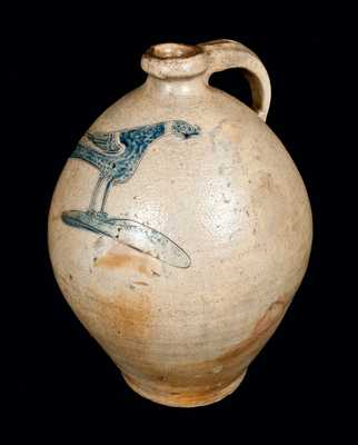 Important Ovoid New York City Stoneware Jug with Elaborate Incised Bird Decoration, c1800