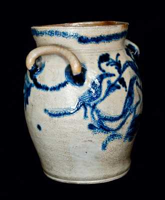 Extremely Rare Loop-Handled Baltimore Stoneware Crock with Five Birds and Floral Decoration, c1815-20