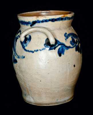 Extremely Rare Loop-Handled Baltimore Stoneware Crock with Five Birds and Floral Decoration, c1815-20