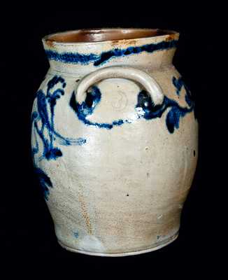 Extremely Rare Loop-Handled Baltimore Stoneware Crock with Five Birds and Floral Decoration, c1815-20