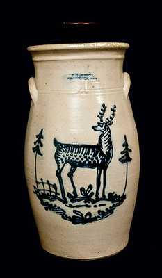R.H DIEBOLL / WASHINGTON, MICH Stoneware Churn with Cobalt Deer Decoration