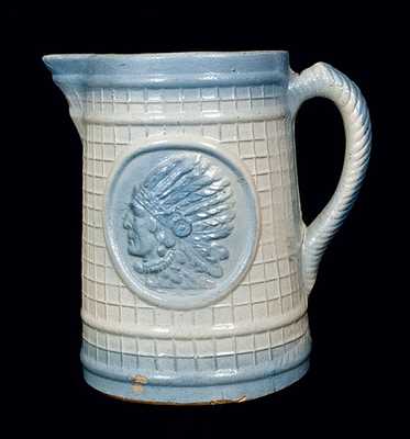 Blue and White Salt Glaze Stoneware Pitcher with Indian Head