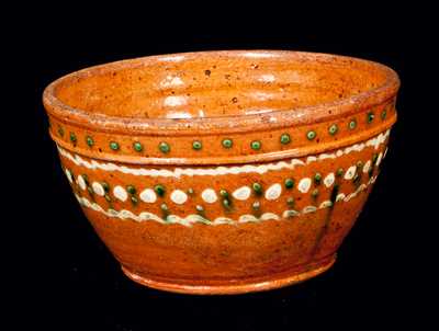 Unusual Redware Bowl with Ornate Green and Yellow Slip Decoration