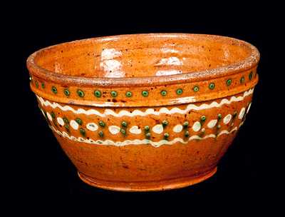 Unusual Redware Bowl with Ornate Green and Yellow Slip Decoration
