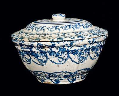 Blue and White Spongeware Bowl with Lid
