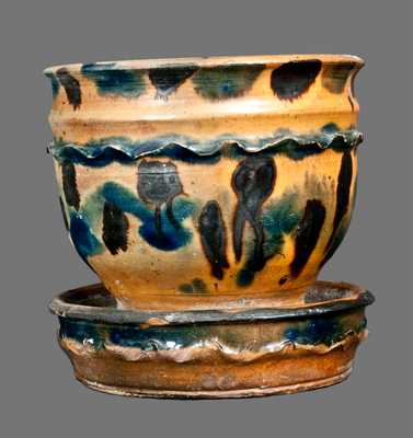 Extremely Rare Double-Crimped Redware Flowerpot with Profuse Cobalt and Manganese Decoration