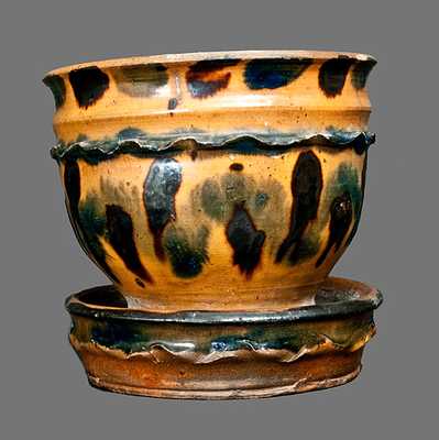 Extremely Rare Double-Crimped Redware Flowerpot with Profuse Cobalt and Manganese Decoration