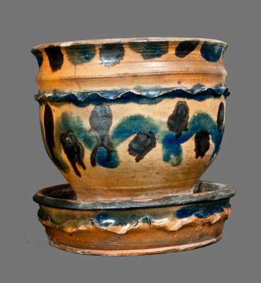Extremely Rare Double-Crimped Redware Flowerpot with Profuse Cobalt and Manganese Decoration