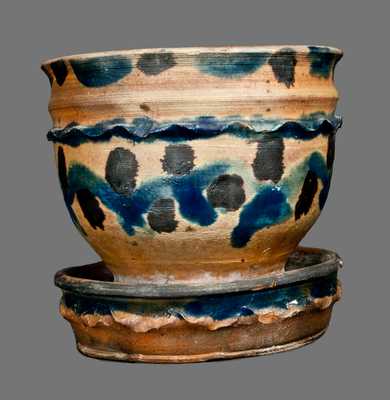Extremely Rare Double-Crimped Redware Flowerpot with Profuse Cobalt and Manganese Decoration