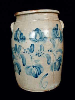 6 Gal. Western PA Stoneware Crock with Elaborate Floral Decoration