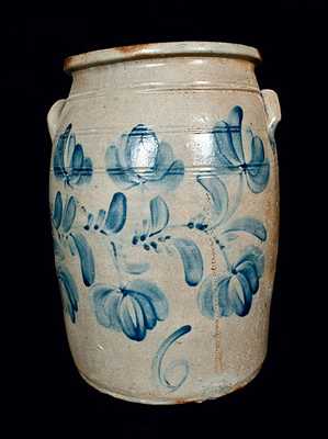 6 Gal. Western PA Stoneware Crock with Elaborate Floral Decoration