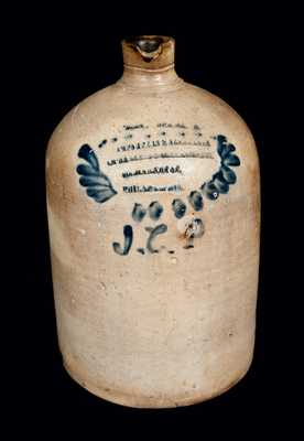 Rare JOHN G. HOPKINS / PHILADELPHIA, PA Stoneware Vinegar Jug with "J. C. P." Freehand Initials
