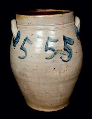 Very Rare PAUL CUSHMAN, Albany, NY, Stoneware Crock with Five Large Cobalt 5 s
