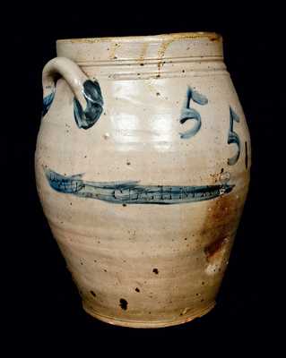 Very Rare PAUL CUSHMAN, Albany, NY, Stoneware Crock with Five Large Cobalt 5 s