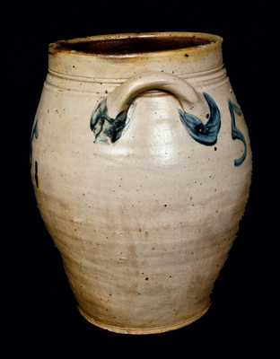 Very Rare PAUL CUSHMAN, Albany, NY, Stoneware Crock with Five Large Cobalt 5 s