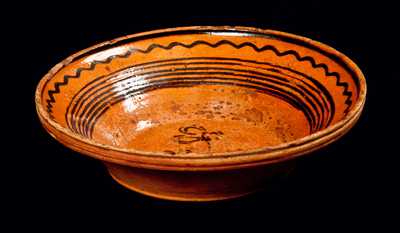 Extremely Rare Redware Bowl with Slip-Trailed Lines and Tulips attrib. Peter Bell, Hagerstown, MD