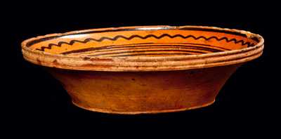 Extremely Rare Redware Bowl with Slip-Trailed Lines and Tulips attrib. Peter Bell, Hagerstown, MD