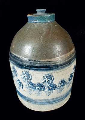 Large Midwestern Stoneware Milk Jug with Elaborate Sponged Decoration