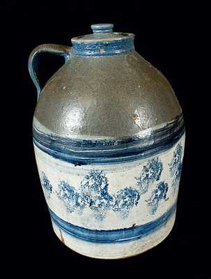 Large Midwestern Stoneware Milk Jug with Elaborate Sponged Decoration