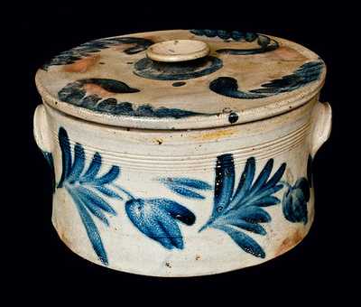 Richard Remmey, Philadelphia, Stoneware Cake Crock with Lid and Elaborate Cobalt Decoration