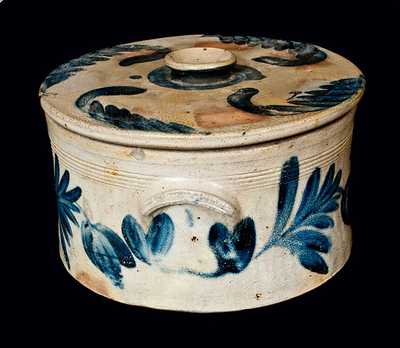 Richard Remmey, Philadelphia, Stoneware Cake Crock with Lid and Elaborate Cobalt Decoration