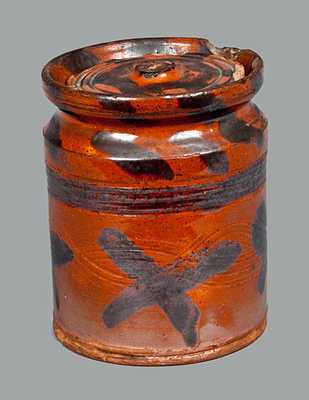 Diminutive Redware Lidded Jar with Profuse Manganese Decoration