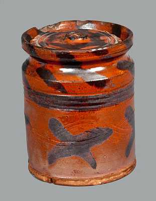 Diminutive Redware Lidded Jar with Profuse Manganese Decoration