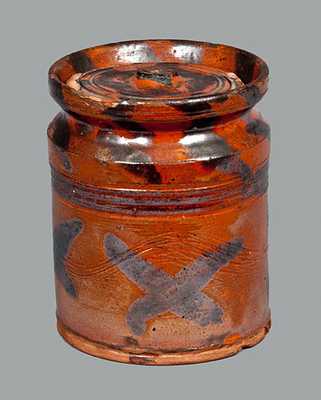 Diminutive Redware Lidded Jar with Profuse Manganese Decoration