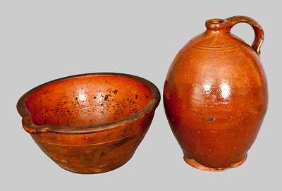 Lot of Two: Glazed Redware Jug with Redware Milkpan