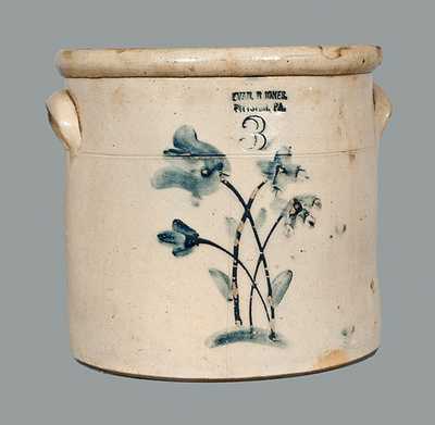 3 Gal. EVAN R. JONES / PITTSTON, PA Stoneware Crock with Floral Decoration