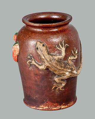 Unusual Redware Jar with Applied Lizard and Berries