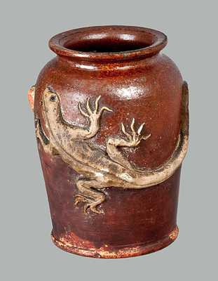 Unusual Redware Jar with Applied Lizard and Berries