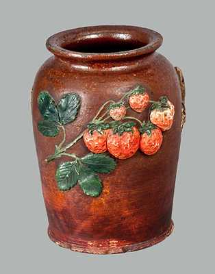 Unusual Redware Jar with Applied Lizard and Berries