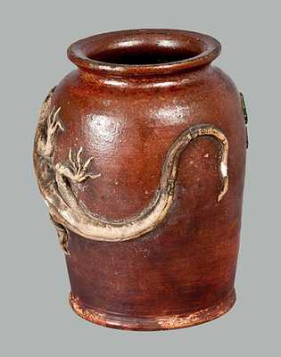 Unusual Redware Jar with Applied Lizard and Berries