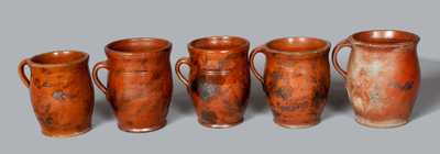 Lot of Five: Handled PA Redware Jars with Manganese Splotches