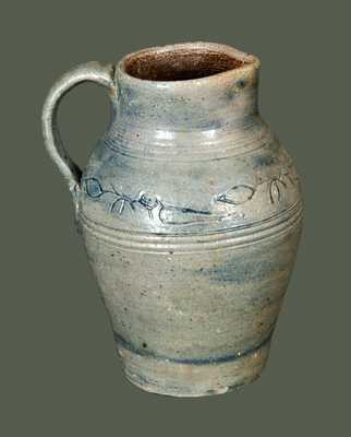 Exceptional Miniature Philadelphia or Old Bridge, NJ Stoneware Pitcher w/ Coggled Bird Decoration, Incised 