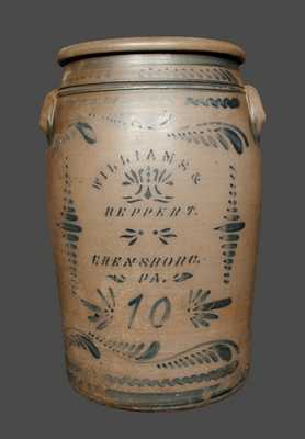 10 Gal. WILLIAMS & REPPERT / GREENSBORO, PA Stoneware Crock with Freehand Decoration