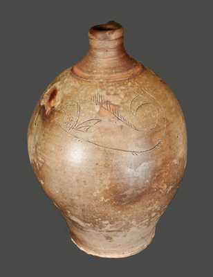 Rare Early Stoneware Jug with Elaborate Incised Fish att. Albany, NY