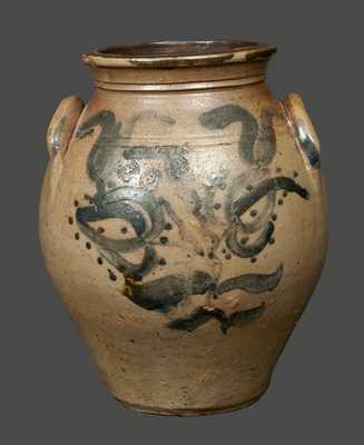 Very Rare S. MONTZ Ohio Stoneware Jar with Impressed Eagles and Floral Decoration