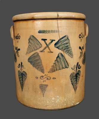 Ten Gallon Ohio Stoneware Crock with Apple, Tornado and Leaf Decoration