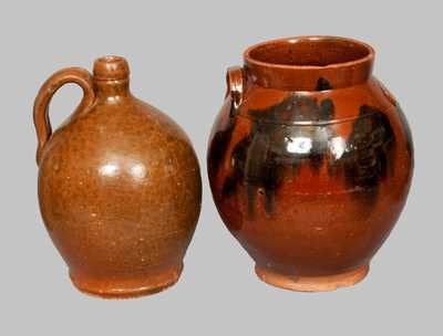 Lot of Two: Redware Jar with Manganese Splotches and Redware Jug with Speckled Glaze