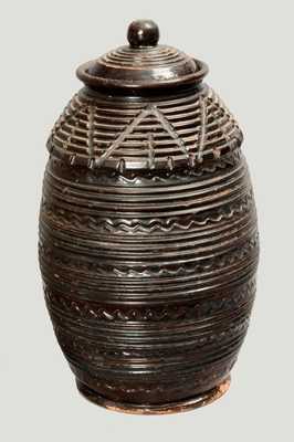 Fine Lidded Tobacco Jar with Elaborate Incised Decoration, American, early 19th century.