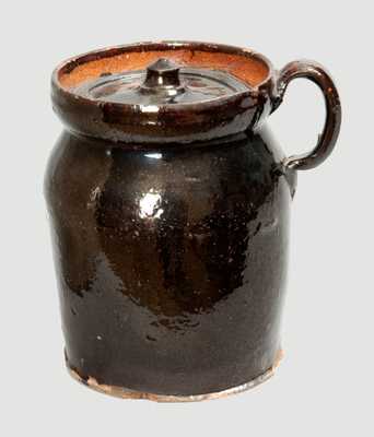 Glazed Redware Handled Jar with Lid, probably New England origin, first half 19th century.