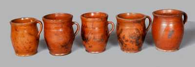 Lot of Five: Handled PA Redware Jars with Manganese Splotches