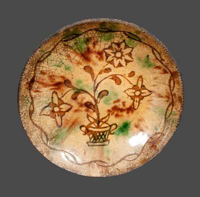 Jacob Medinger, Montgomery County, PA, Sgraffito Redware Plate with Basket of Flowers