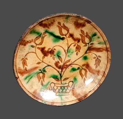 Jacob Medinger, Montgomery County, PA, Sgraffito Redware Plate with Basket of Flowers