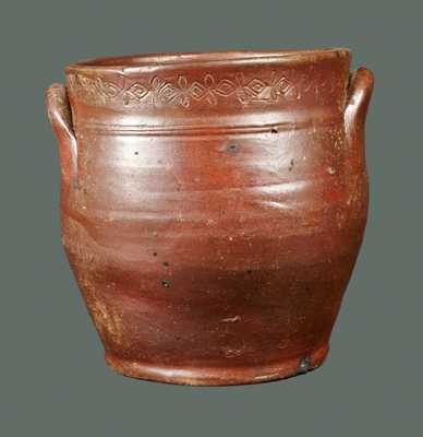 Squat PAUL CUSHMAN (Albany, NY) Stoneware Crock with Coggled Decoration at Rim