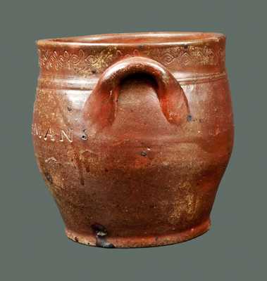 Squat PAUL CUSHMAN (Albany, NY) Stoneware Crock with Coggled Decoration at Rim