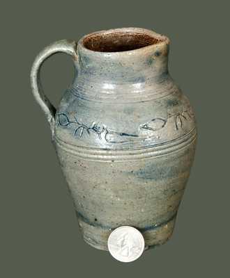 Exceptional Miniature Philadelphia or Old Bridge, NJ Stoneware Pitcher w/ Coggled Bird Decoration, Incised 