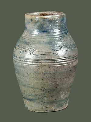 Exceptional Miniature Philadelphia or Old Bridge, NJ Stoneware Pitcher w/ Coggled Bird Decoration, Incised 